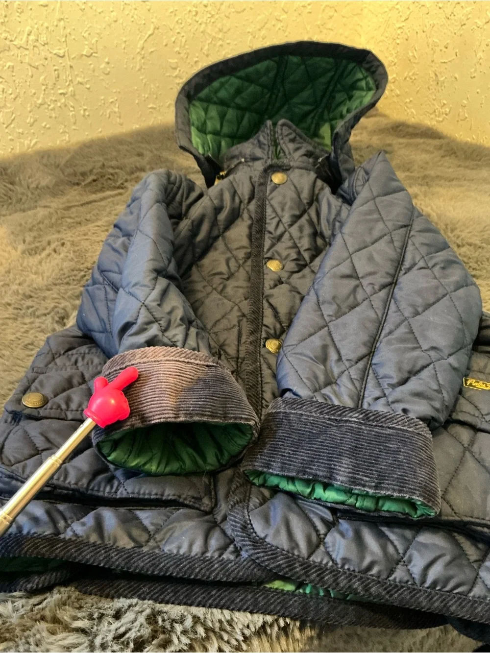 Ralph Lauren Navy Quilted Hooded Puffer with Green Lining